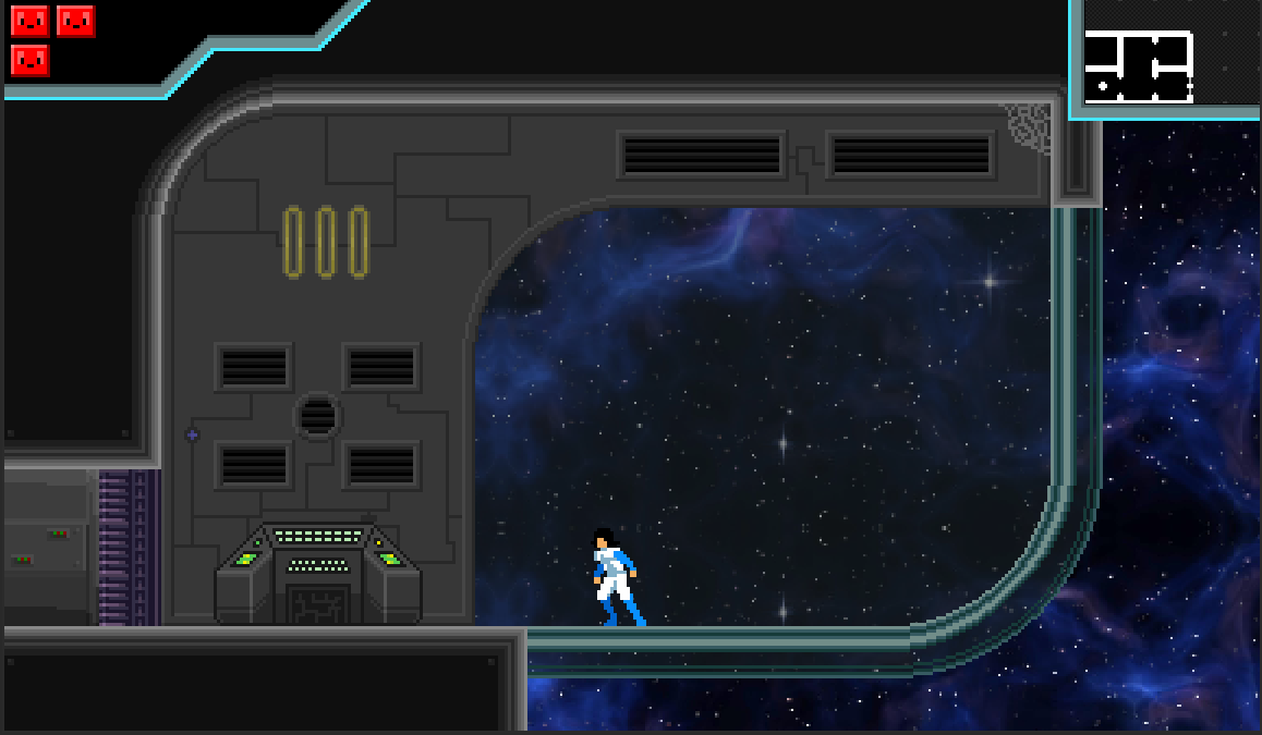 The player moving through a section of the station open to space
